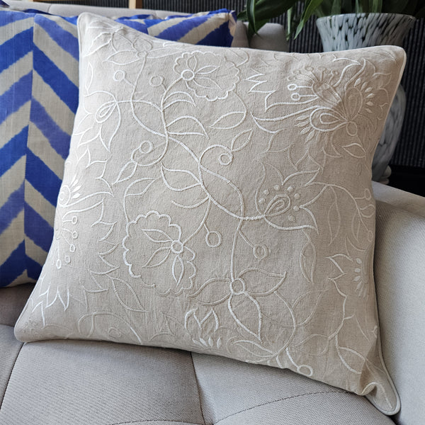 Beautiful Ivory Floral Embroidery on Natural Cotton Linen Pillow Cover