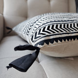 Black Geometric Embroidery on Natural Cotton Linen Pillow Cover