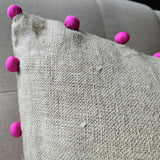 Natural Linen Cushion Cover with Pink Fabric Pom Poms