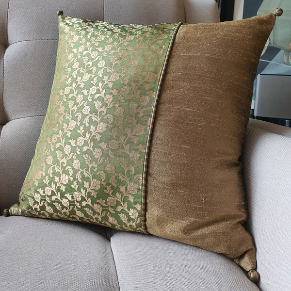 Beautiful Olive Green & Gold Brocade Silk Cushion Cover, 40 x 40cm