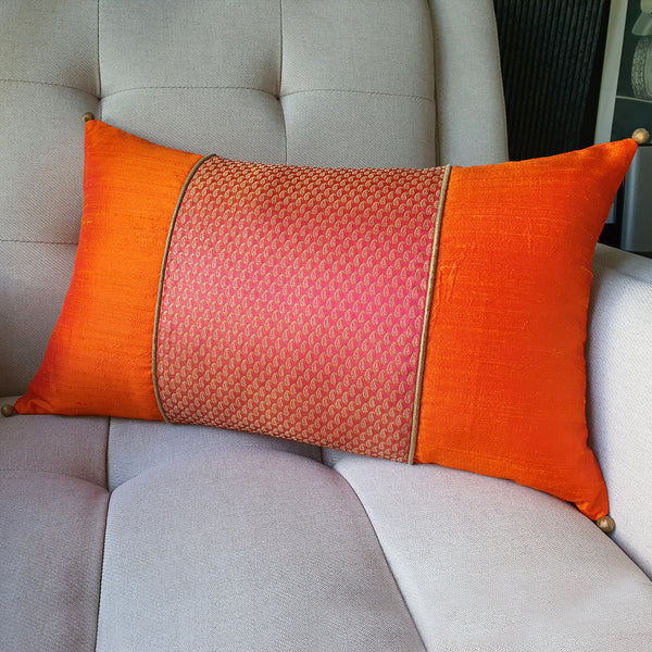 Patchwork Orange and Pink Brocade Lumbar Pillow Cover