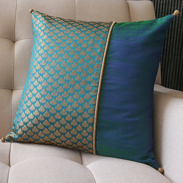 Beautiful Teal Brocade Silk Cushion Cover, 40 x 40cm