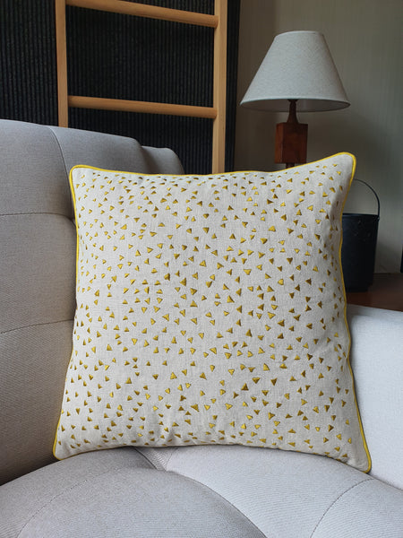 So Fun! Acid Yellow Triangle Confetti Embroidery on Linen Pillow Cover