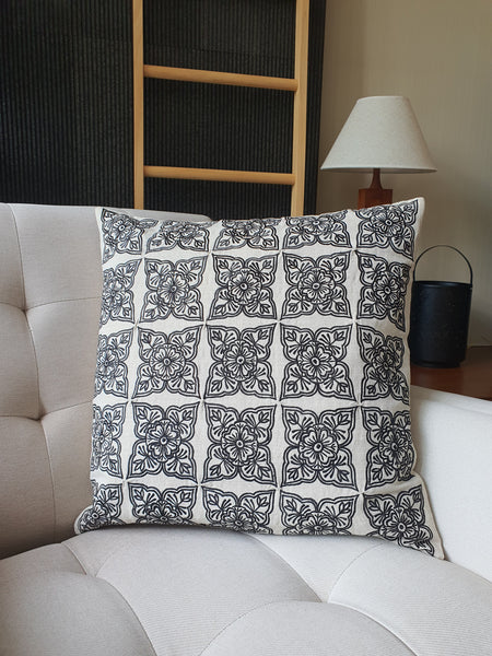 Henna Pattern Black and Beige Pillow Cover , Embroidered Black and Natural Cotton Linen Cushion , Black and Ecru Natural Cotton Linen Pillow