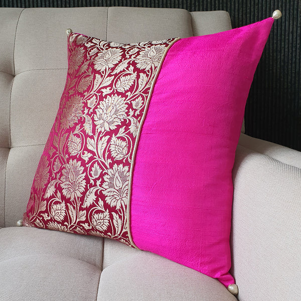 Deep Wine and Pink Brocade Silk Cushion Cover, 40 x 40cm