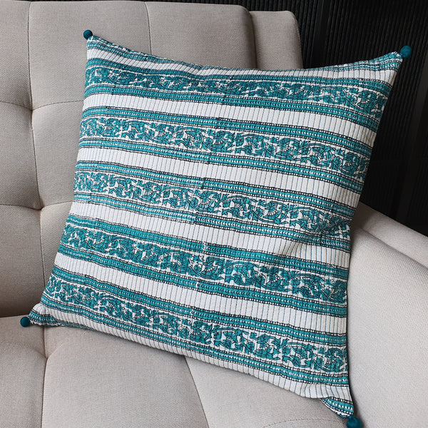 Teal Block Printed Cushion Cover