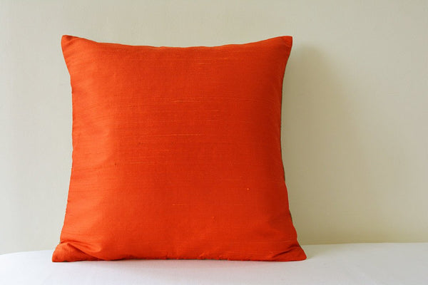 Dark Orange Dupioni Silk & Natural Linen Reversible Pillow Cover