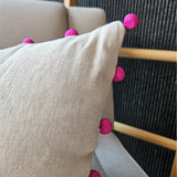 Natural Ecru Cotton-Linen Cushion Cover with Pink Fabric Pom Poms