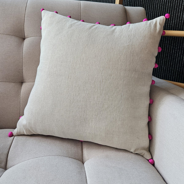 Natural Ecru Cotton-Linen Cushion Cover with Pink Fabric Pom Poms