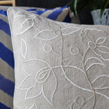 Beautiful Ivory Floral Embroidery on Natural Cotton Linen Pillow Cover