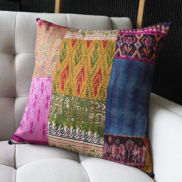 Bright Vintage Sari Kantha Patchwork Cushion Cover, 45 x 45 cm