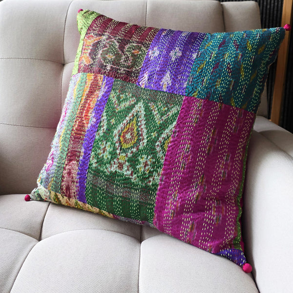 Bright Vintage Sari Kantha Patchwork Cushion Cover, 45 x 45 cm
