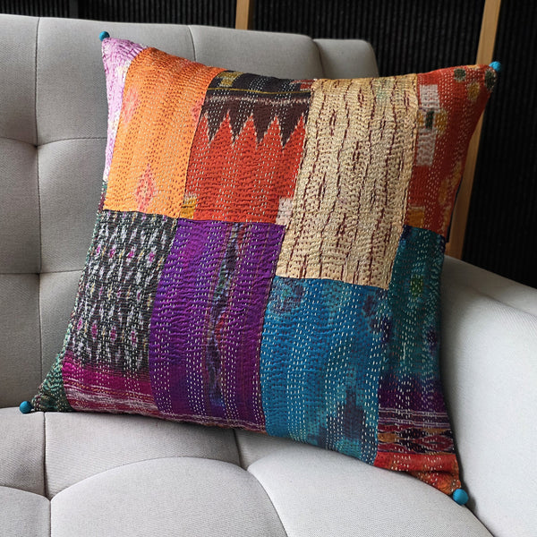 Bright Vintage Sari Kantha Patchwork Cushion Cover, 45 x 45 cm
