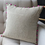 Natural Linen Cushion Cover with Pink Fabric Pom Poms