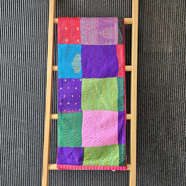 Bright Vintage Sari Kantha Patchwork Table Runner with Frill