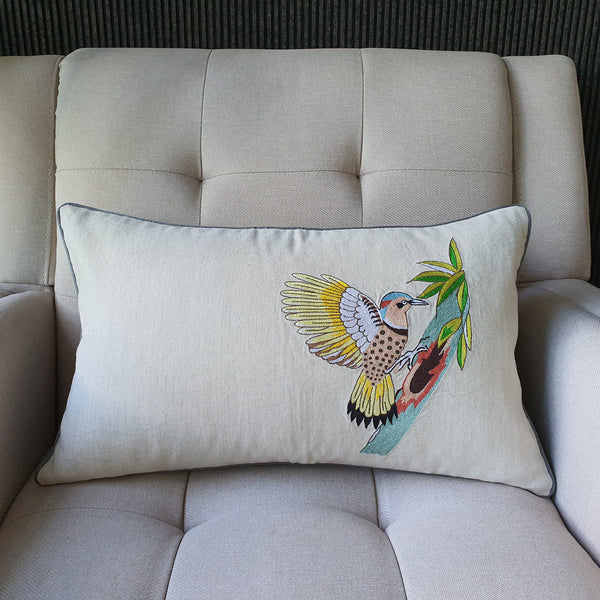 Embroidered Wood Pecker Cushion Cover