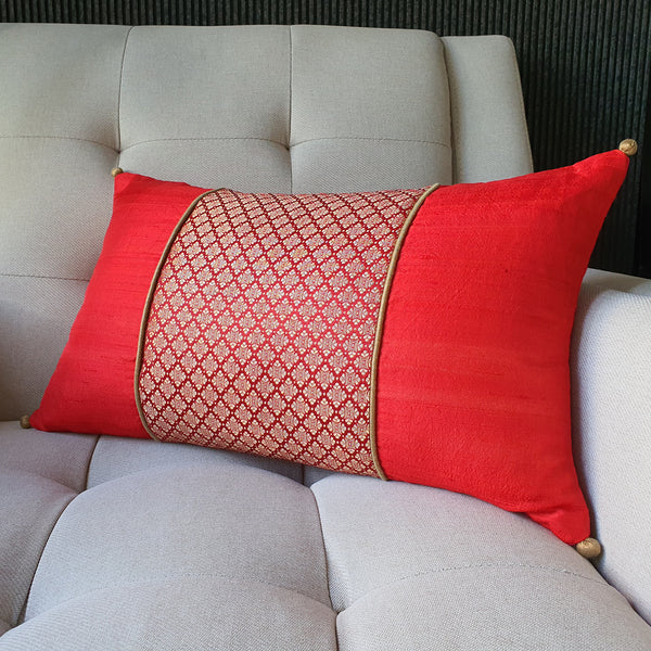 Red and Gold Silk  Brocade Lumbar Pillow Cover