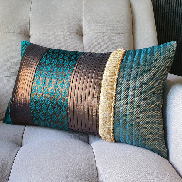 Quilted Patchwork Teal Brocade Lumbar Pillow Cover