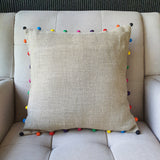 Natural Beige Linen Cushion Cover with Bright Fabric Pom Poms