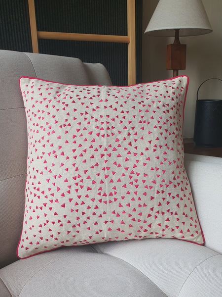 So Fun! Pink Triangle Confetti Embroidery on Linen Pillow Cover