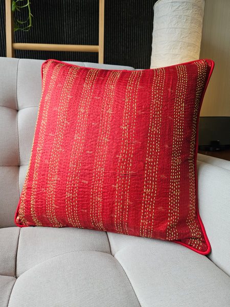 Set of 2, Yellow & Red Vintage Sari Kantha Patchwork Cushion Cover, 45 x 45 cm