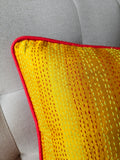 Set of 2, Yellow & Red Vintage Sari Kantha Patchwork Cushion Cover, 45 x 45 cm