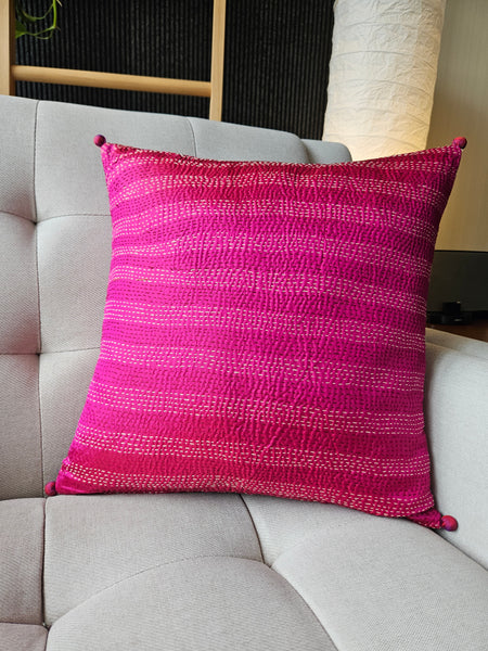 Rani Pink Vintage Sari Kantha Patchwork Cushion Cover, 40 x 40 cm