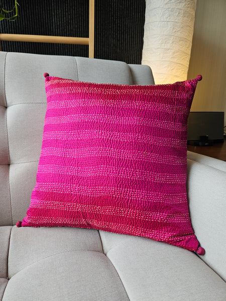 Red & Rani Pink Vintage Sari Kantha Patchwork Cushion Cover, 40 x 40 cm