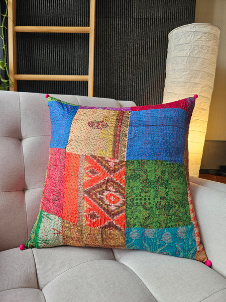 Bright Vintage Sari Kantha Patchwork Cushion Cover, 45 x 45 cm