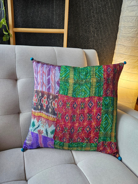 Bright Vintage Sari Kantha Patchwork Cushion Cover, 40 x 40 cm