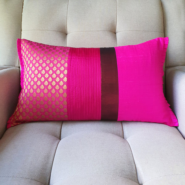 Patchwork Orange and Pink Brocade Lumbar Pillow Cover