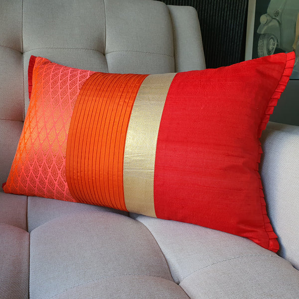 Patchwork Orange and Red Brocade Lumbar Pillow Cover