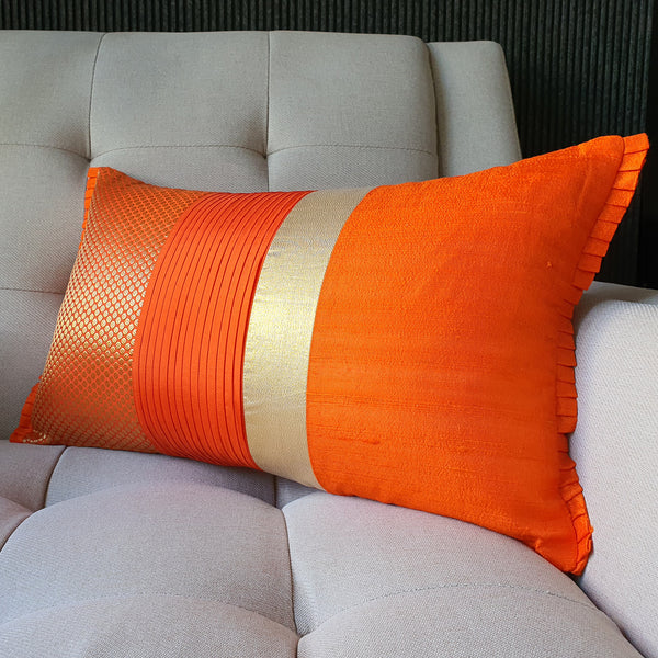 Patchwork Orange Brocade Lumbar Pillow Cover