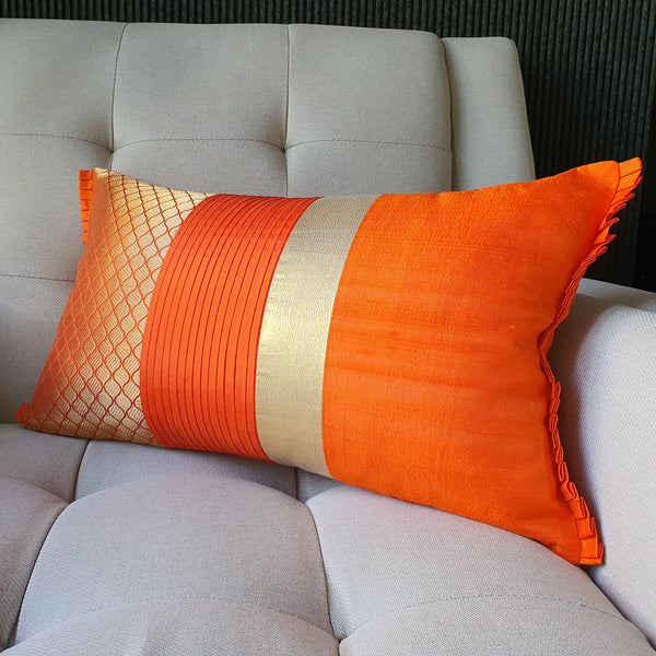 Patchwork Orange Brocade Lumbar Pillow Cover