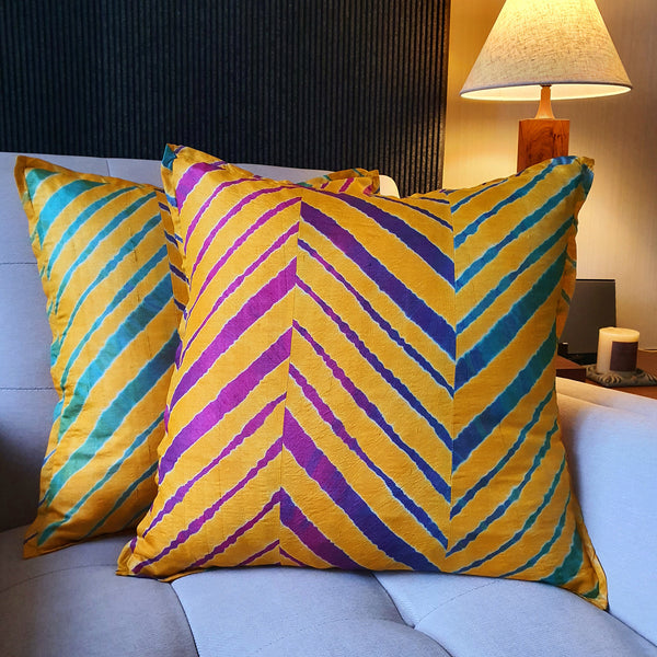 Yellow Leheria Dyed Silk Cushion Cover, Set of 2