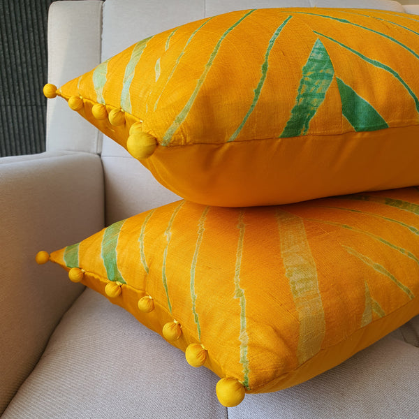 Yellow Leheria Dyed Silk Lumbar Cushion Cover, Set of 2