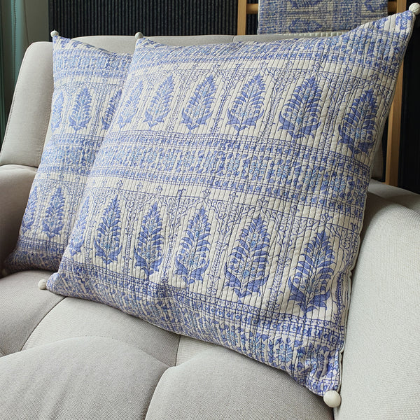 Periwinkle Blue Block Printed Cushion Cover