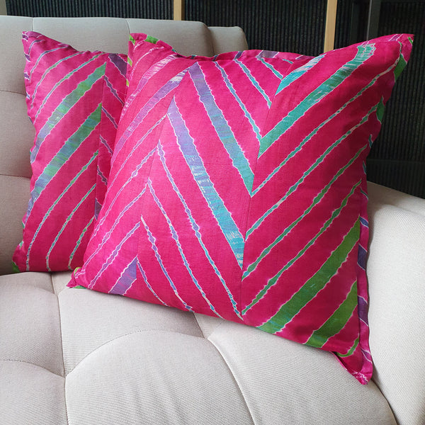 Pink Leheria Dyed Silk Cushion Cover, Set of 2