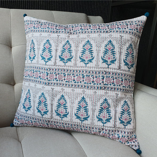 Teal & Pink Block Printed Cushion Cover