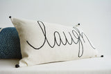 "Laugh" , Hand Embroidery on Natural Ecru Cotton Linen Cushion Cover